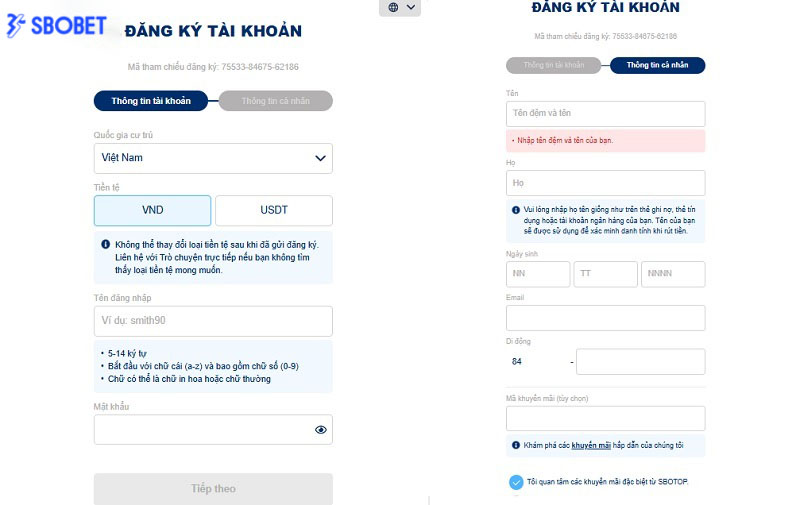 Biểu mẫu đăng ký thành viên Sbobet